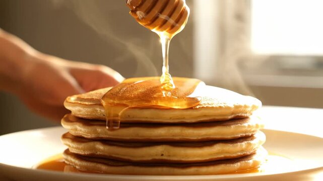 Pouring golden honey onto a stack of warm pancakes for breakfast