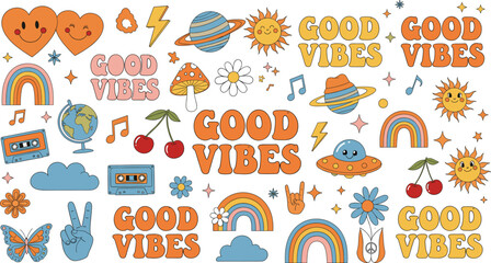 Good vibes sticker illustration set with rainbows hearts planets flowers and retro doodles for positive aesthetic designs