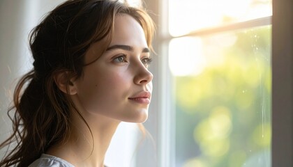 Woman Gazing Out of Window Contemplatively.