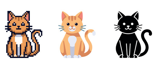 Obraz premium Pixel, cartoon, and silhouette cats in various artistic styles