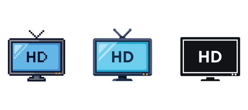 Comparison of three hd television icons in pixel art and modern design