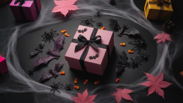 Pink gift box with black ribbon surrounded by bats, spiders and candy corn on dark table with cobwebs on background. Spooky halloween celebration atmosphere