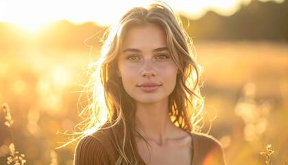 Young Woman Standing in Field at Sunset.