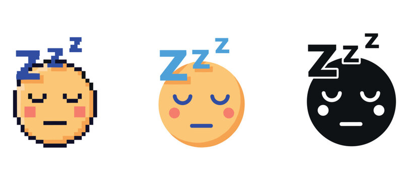 Pixel, cartoon, and silhouette sleeping emojis with zzz symbols