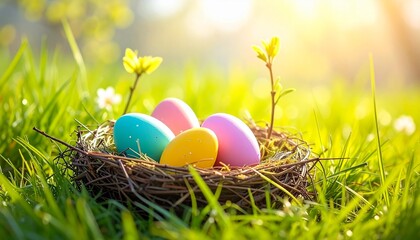 Obraz premium Osternest mit bunten Eiern im Frühlingsgras