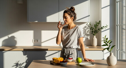 A young woman drinks water from a glass in her sunlit kitchen, with fresh fruit on the counter