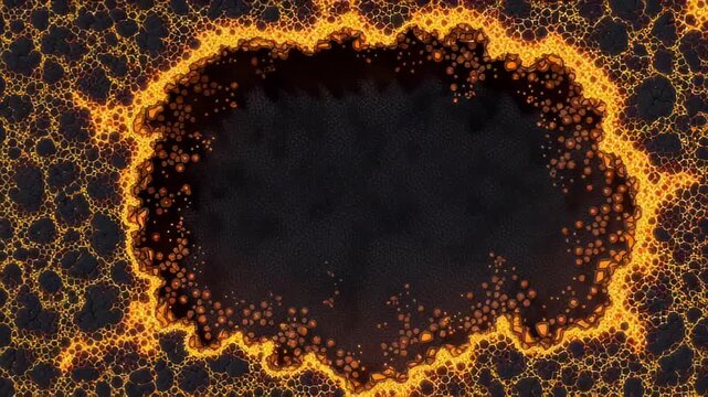 Jagged, glowing orange embers surround a dark, textured void