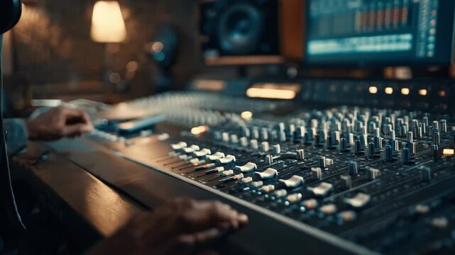 Medium shot of a sound engineer adjusting EQ settings on a digital audio workstation to balance frequencies for a clean polished track.