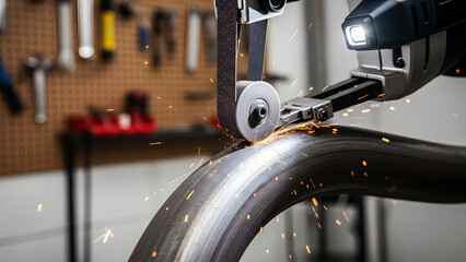 Obraz premium Belt Sander Grinding Metal Pipe with Sparks Flying in Workshop handheld photo