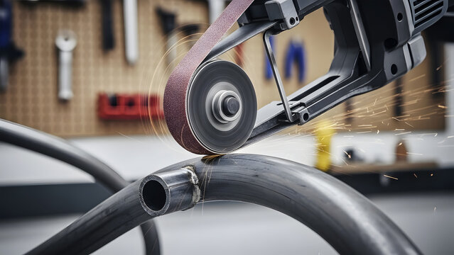 Belt sander grinding metal pipe with sparks flying in a workshop setting image photo