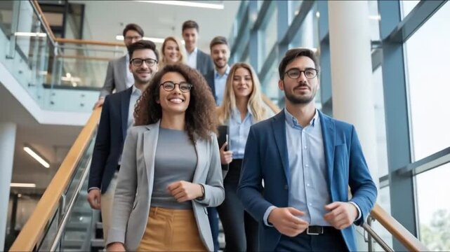 A diverse group of young professionals confidently walking down a modern office staircase together
