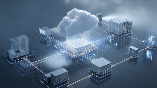 Scalable hybrid cloud infrastructure portrayed in medium shot featuring dynamic data flow between private and public cloud systems emphasizing digital transformation for ISP