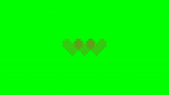 Retro 8-bit Pixel Art Heart Health Bar Animation HUD Green Screen 4K, Classic video game health bar animation featuring pixelated red hearts disappearing one by one. Retro arcade UI overlay representi