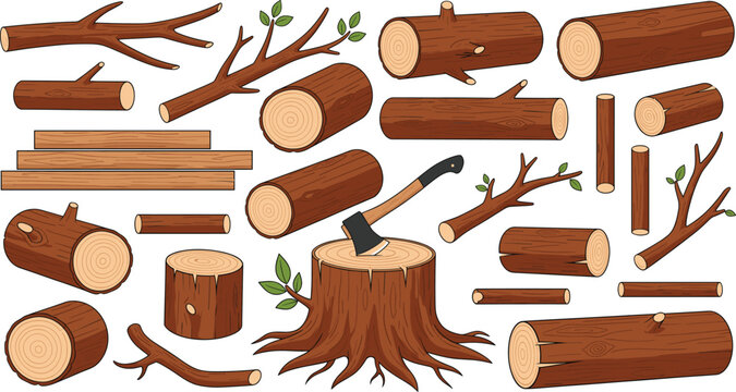 Wood log and tree stump illustration set with branches and axe for lumber forestry nature designs