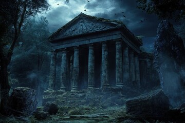 Naklejka premium Mysterious ancient temple surrounded by misty forest at twilight