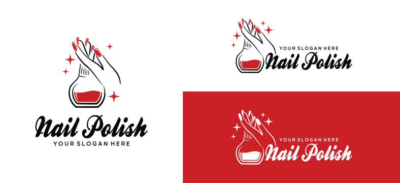 Elegant nail polish logo with hand and bottle icon in modern minimal vector style for beauty salon, manicure studio, cosmetic brand identity, spa branding, feminine aesthetic design concept