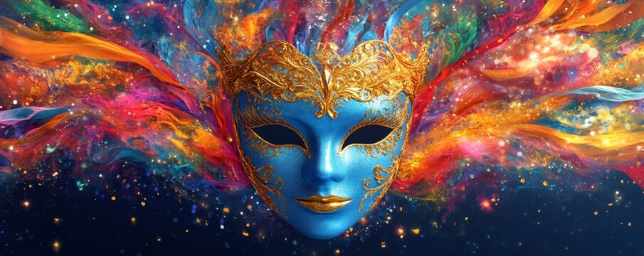 Blue and gold masquerade mask against a backdrop of flowing colorful fabrics and glitter, symbolizing celebration and mystery