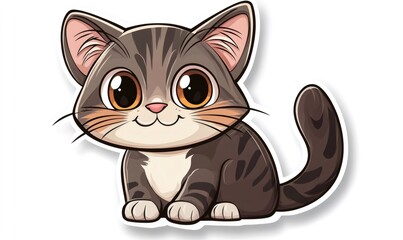 Obraz premium Adorable tabby kitten in a playful cartoon style, with big brown eyes, whiskers, and a white outline creating a sticker effect
