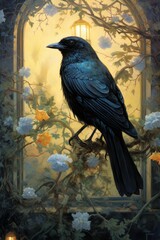 Obraz premium Blue Black Bird Perched on Ivy-Covered Arch Beneath Lantern Glow in an Enchanted Garden