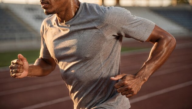 Medium shot of a runner wearing breathable performance sportswear with mesh ventilation zones highlighting the technical knit fabric and moisturewicking properties.