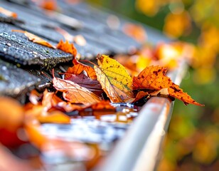 Clogged Gutter Filled with Dead Leaves