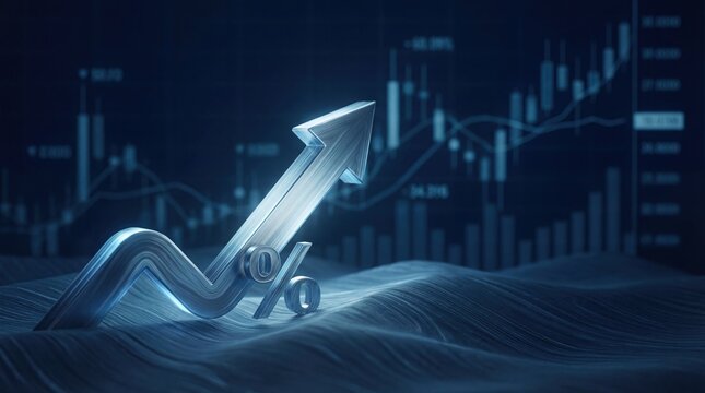 rising interest rates concept with upward arrow and abstract financial chart, economy finance background with copy space
