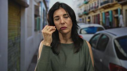 Fototapeta premium Middle aged hispanic woman holds raised hand with pinched fingers gesture on quiet city street; confusion.