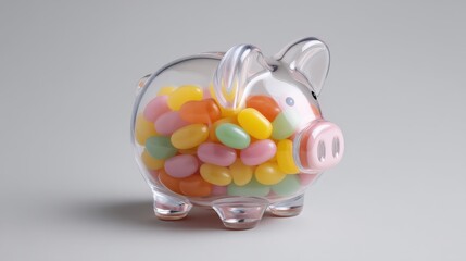 Transparent piggy bank filled with colorful jelly beans on a light gray background showcasing savings and treats