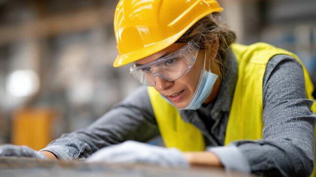 Female Industrial Worker at Work: A diligent woman in protective gear, concentrating on her tasks with focus and determination, highlighting dedication and professional expertise.