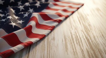 Fototapeta premium American flag resting on a rustic wooden background with warm light for Independence Day USA concept