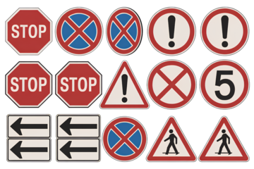 Collection of traffic and warning signs including stop, prohibition, danger, caution, speed limit and arrows