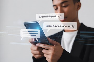Young person engaging with AI chatbot on smartphone showing help and task completion in a modern digital communication concept