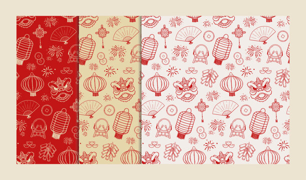 Hand-Drawn chinese new year seamless pattern set. Vector illustration pattern for background, wallpaper, wrapping or packaging.
