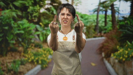 Fototapeta premium Woman wearing apron shows both middle fingers toward camera on a leafy street path, short hair and pendant visible; defiance attitude.