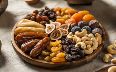 Fototapeta premium Assorted dried fruits and nuts on a wooden platter, healthy snack
