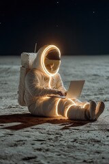 Fototapeta premium Astronaut in illuminated suit works on a laptop on the moon’s surface at night