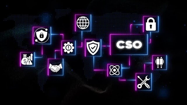 Cybersecurity C S O Chief Information Risk Management Shield on Dark Background with Neon Lights chief security officer