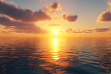 Obraz premium Beautiful sunset over serene ocean water with fluffy clouds reflected in the waves