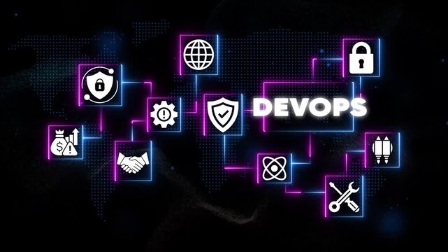 Dev Ops Concept with Security and Neon Connections on Dark Background devops software development