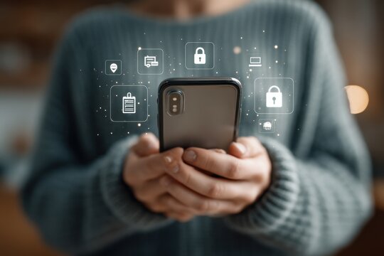 User holds smartphone as security icons hover around, illustrating digital privacy and data protection