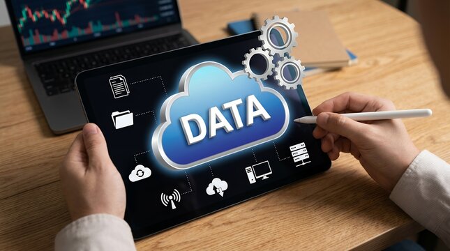 Person using stylus on tablet displaying cloud data icon and interconnected digital symbols with gears above and laptop with financial graph in background technology network information - Powered by Adobe