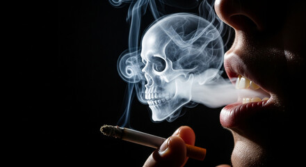 Smoking Danger Concept with Skull Shaped Smoke on Dark Background