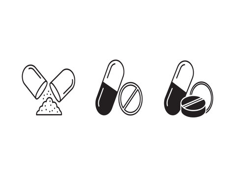 Black and white illustration of various capsule and pill forms with powder inside