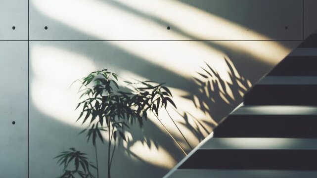 Video A small plant sits on a wooden table beside a staircase, with natural light filling the space