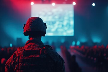 Obraz premium Soldier observing a presentation on military strategy in a dimly lit auditorium