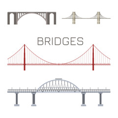 Obraz premium Isolated bridges set. Side view of urban landmark. Industrial drawing of an architectural structure. Modern engineering transport building. Detailed blueprint