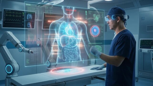 Futuristic surgical room with doctor using advanced holographic technology for medical visualization