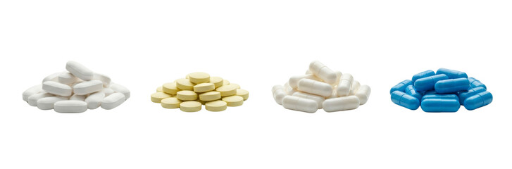 Assortment of Colorful Pills and Capsules on White Background