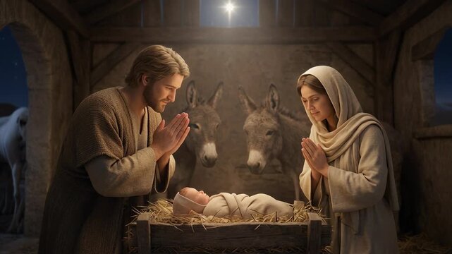 Newborn baby in humble stable with praying couple under bright star Christmas nativity scene