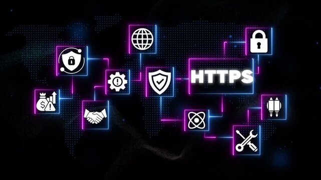 H T P S Secure Network Connection on Black Background with Neon Lights https security